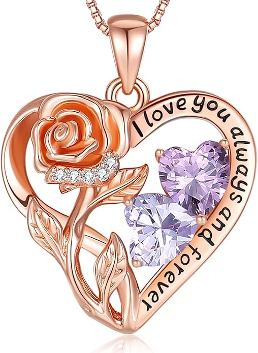 925 Sterling Silver Double Birthstone Rose Flower Heart Jewelry Necklaces for Women Anniversary Love Forever Necklaces for Her Birthday Gifts for Wife Girlfriend Mom Mothers Day Rose Gold