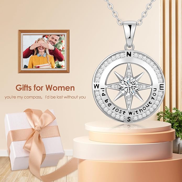 Compass Necklace Gifts for Women wife - S925 Sterling Silver Birthstone Necklaces for Women - Anniversary Birthday Gifts for Her Wife Girlfriend - Valentines Mom Mothers Day Christmas Gifts Jewelry for Women