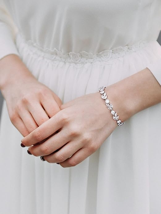 SWEETV Cubic Zirconia Wedding Bridal Bracelet for Brides,Bridesmaids, Silver Crystal Elegant Tennis Bracelet for Women Prom Jewelry Gifts