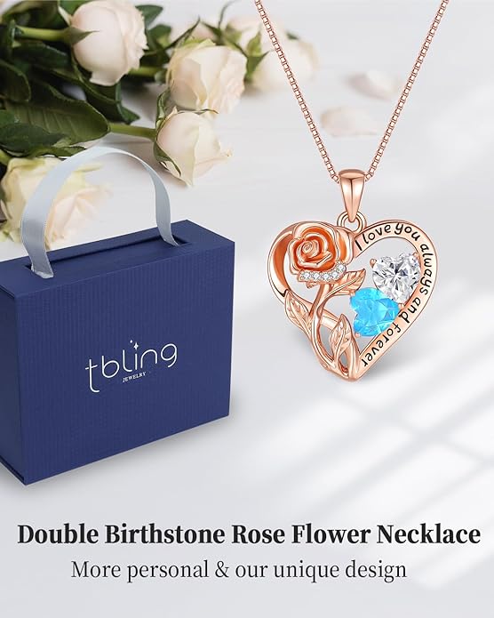 925 Sterling Silver Double Birthstone Rose Flower Heart Jewelry Necklaces for Women Anniversary Love Forever Necklaces for Her Birthday Gifts for Wife Girlfriend Mom Mothers Day Rose Gold