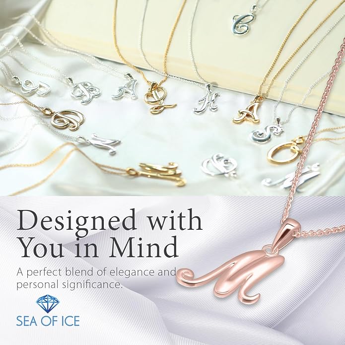 SEA OF ICE Letter Initial Necklace, Alphabet Letter Pendant Necklace, Sterling Silver, Gold, Rose Gold Necklace for Women, Elegant Initial Necklaces, Personalized Custom Women's Necklaces
