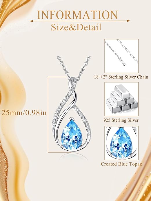 Teardrop Birthstone Necklace for Women 925 Sterling Silver Pear-Shaped Pendant Anniversary Mother's Day Birthday Jewelry Gifts for Her