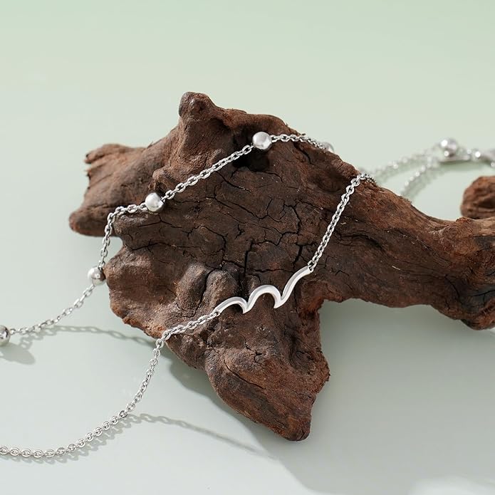 CHIC & ARTSY Womens Sterling Silver Created Opal Layered Anklet Bracelet Dainty Beaded Chain Adjustable 11" Best Friend Anklet