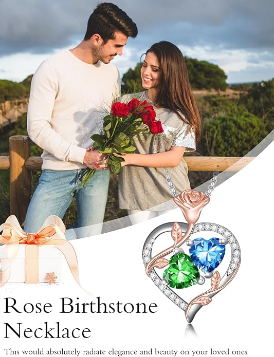 Jewelry for Her Double Heart Rose Birthstone Pendant Necklace Anniversary Jewelry Christmas Birthday Gifts for Women Wife Girlfriend
