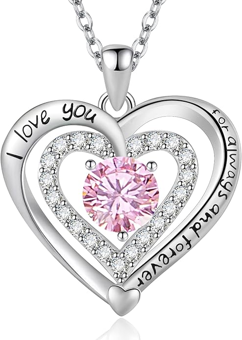 Heart Necklace, I Love You Always & Forever, Birthstone Cubic Zirconia Pendant, Gift for Women