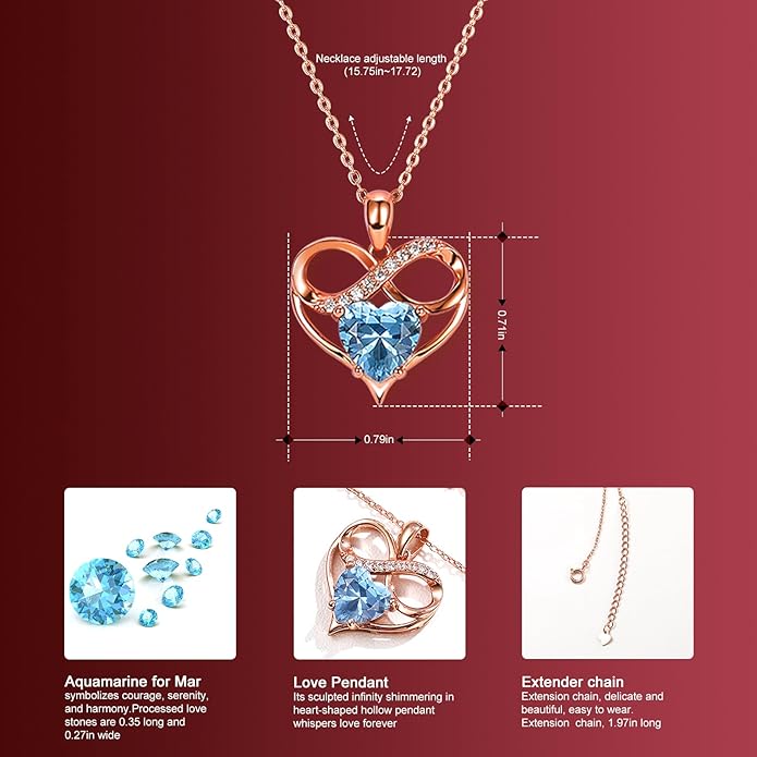 Rose Gold Birthstone Necklaces Heart Birthstone Pendant Necklaces For Women Valentine's Day Mother's Day Anniversary Christmas Gifts