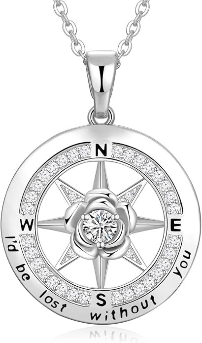 Silver Compass Necklace for Women Birthday Gifts for Wife Anniversary Necklace for Women Rose Flower Birthstone Necklaces for Wife Jewelry for Womens Girlfriend Mom Daughter