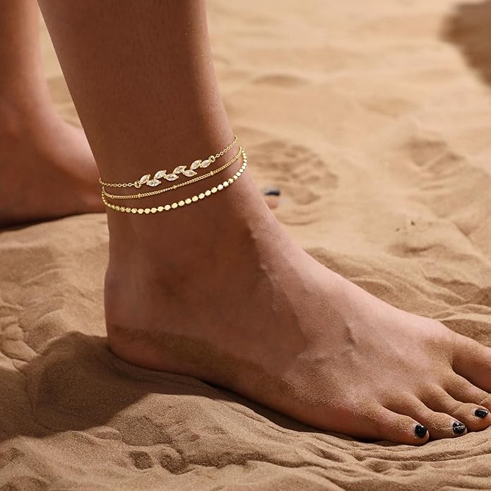 Ankle Bracelets for Women 14K Real Gold Silver Plated Ankle Bracelets Waterproof Heart Beads Rope Satellite Anklets Set Adjustable Layered Anklet Bracelets No Tarnish Summer Beach Jewelry Gift