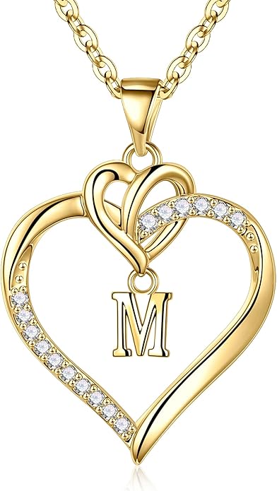 STORUP Heart Initial Necklaces for Women Girls, 14K Gold Plated Cubic Zirconia Heart Initial A-Z Pendant Necklace Dainty Heart Necklaces for Women Teen Girl Jewelry Birthday Gifts