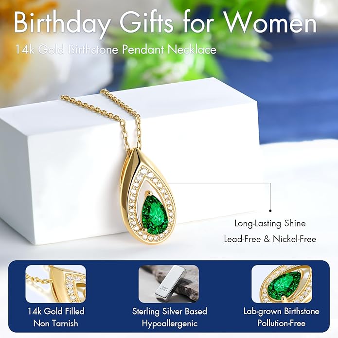 Kstyle 14K Gold Lab-Grown Moissanite/Emerald/Birthstone Pendant Necklaces for Women, Wife Girlfriend Daughter Mom Grandma Gifts, Dainty Birthday Jewelry for Her (925 Sterling Silver Base) Non Tarnish
