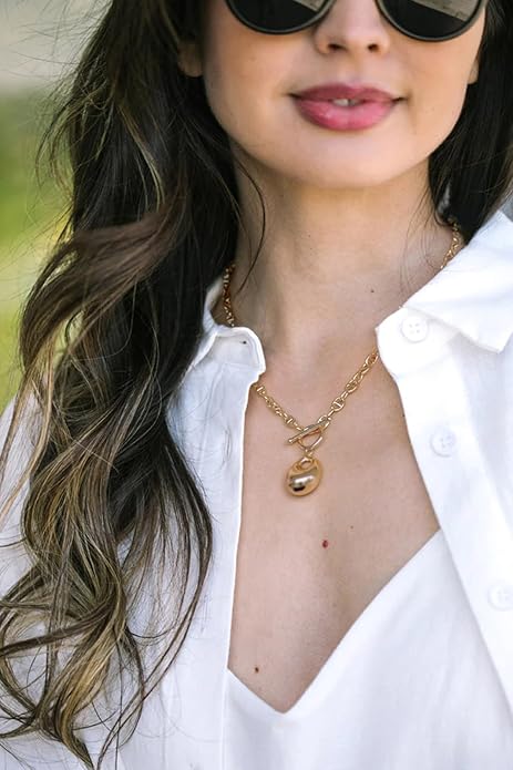 18k Gold Chain Link Necklace for Women, Baroque Pearl/Compass Pendant Necklace