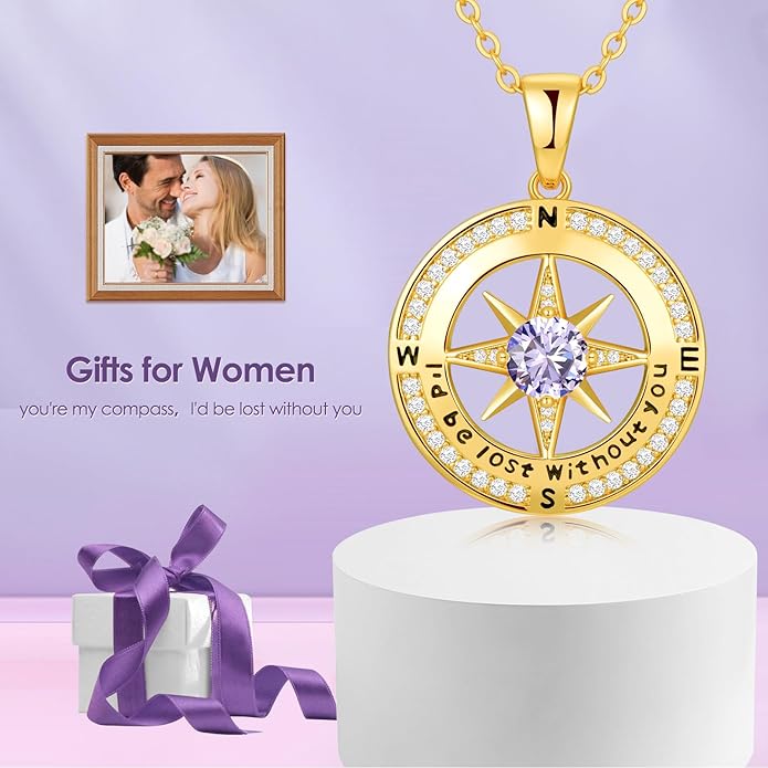 Compass Necklace Gifts for Women wife - S925 Sterling Silver Birthstone Necklaces for Women - Anniversary Birthday Gifts for Her Wife Girlfriend - Valentines Mom Mothers Day Christmas Gifts Jewelry for Women