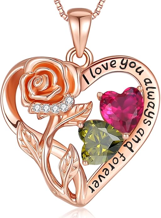 925 Sterling Silver Double Birthstone Rose Flower Heart Jewelry Necklaces for Women Anniversary Love Forever Necklaces for Her Birthday Gifts for Wife Girlfriend Mom Mothers Day Rose Gold