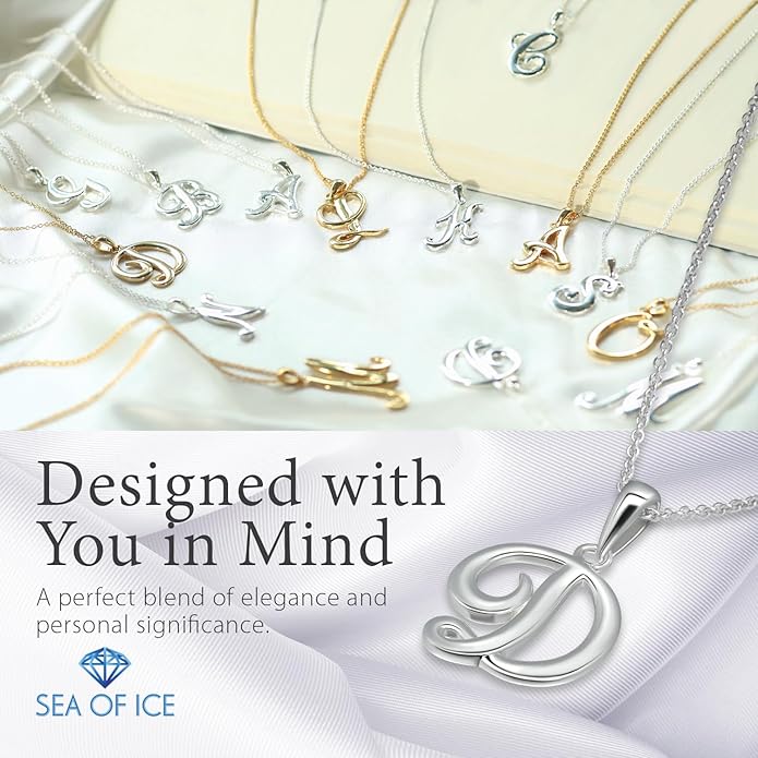SEA OF ICE Letter Initial Necklace, Alphabet Letter Pendant Necklace, Sterling Silver, Gold, Rose Gold Necklace for Women, Elegant Initial Necklaces, Personalized Custom Women's Necklaces
