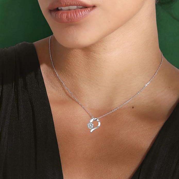 Moissanite Heart Necklace for Women – Shiny Pendant of Love with 925 Sterling Silver Chain, 1-2 Carat Moissanite, Adjustable 18-20 Inch, Romantic Anniversary Jewelry