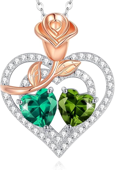 AGVANA Birthstone Necklace for Women Sterling Silver Rose Flower Heart Double Birthstone Jewelry Pendant Necklace Anniversary Birthday Gifts for Women Mom Wife Girlfriend Her