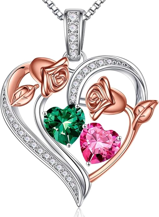 Iefil Birthstone Necklace for Women - 925 Sterling Silver Rose Heart Necklace, Birthstone Jewelry, Anniversary Birthday Gifts for Wife Girlfriend Mom Daughter