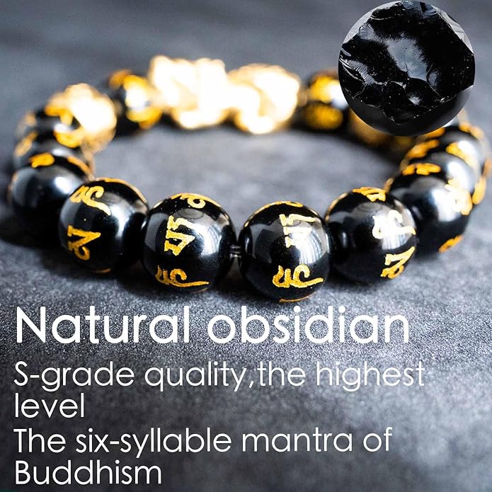 Feng Shui Bracelet 24K Gold Plated PiXiu, Colored Eyes Obsidian Dragon Protection Bracelet Meditation Decompression Prayer Beads Lucky Wealth Bracelets for Men Women(12mm)