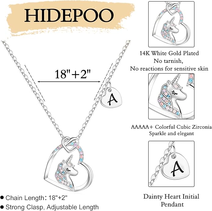 Hidepoo Unicorn Necklace Gifts for Girls Daughter - Colorful CZ Heart Pendant Initial Unicorn Necklaces for Girl Teens Little Girls Jewelry Birthday Gift