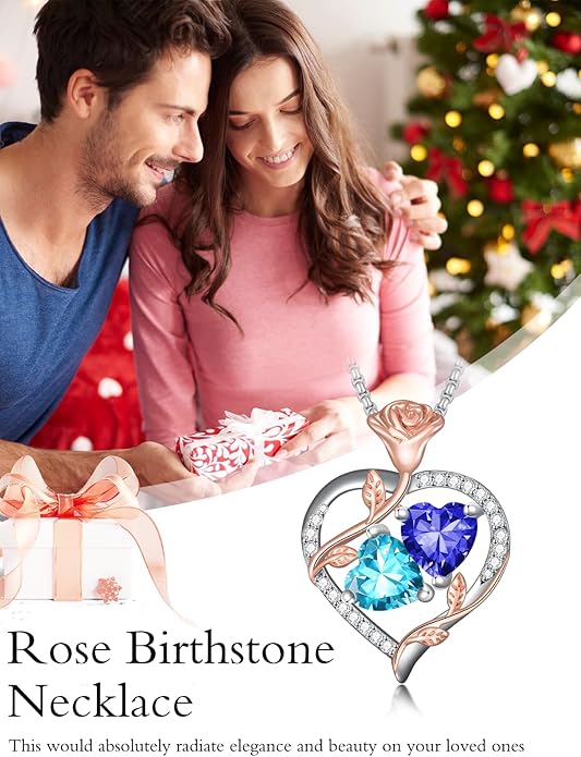 Jewelry for Her Double Heart Rose Birthstone Pendant Necklace Anniversary Jewelry Christmas Birthday Gifts for Women Wife Girlfriend