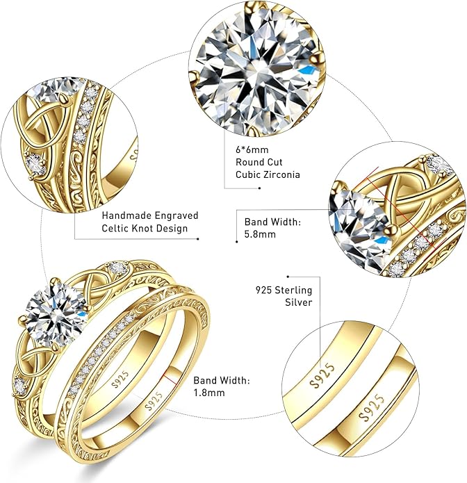 Vintage Celtic Knot Women's Engagement Ring Sets 925 Sterling Silver/14K Gold Plated Stackable Wedding Bands Rings AAAAA Cubic Zirconia Women Bridal Sets Wedding Ring Band Width 1.8mm Size 5-9