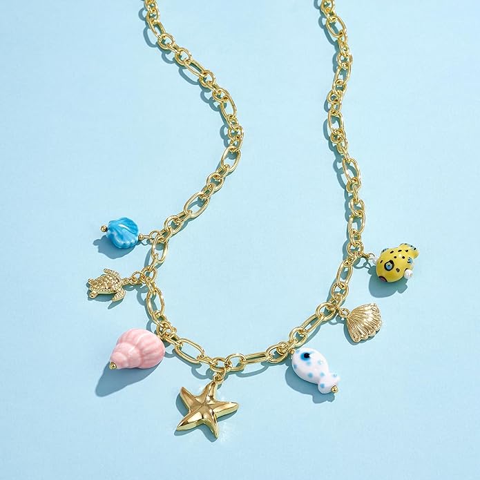 KissYan Charm Necklace for Women, 14K Gold Plated Heart Starfish Sun Pendant Fashion Link Chain Boho Summer Beach Jewelry Gifts