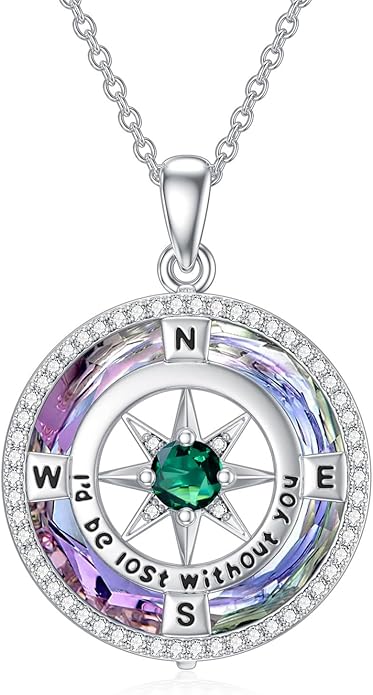 TOUPOP Compass Necklace for Women 925 Sterling Silver I'd be Lost without You Compass Pendant Birthstone Necklaces Anniversary Jewelry Birthday Gift for Girlfriend Wife Graduation Gifts for Her Daugthter
