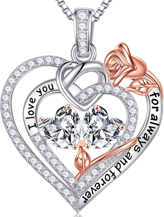 Iefil Rose Heart Necklace Gifts for Wife Women - 925 Sterling Silver Double Birthstone Necklace, Anniversary Birthday Gifts for Women, Jewelry Gift for Wife Girlfriend Mom Her