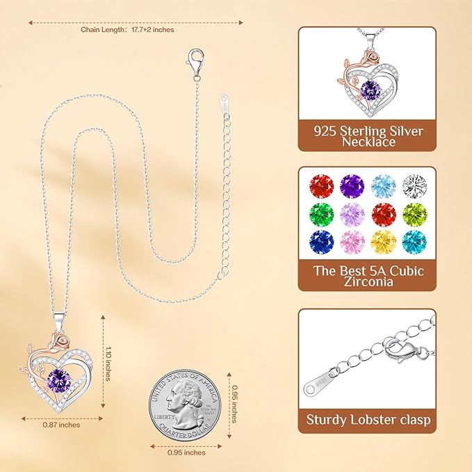 moshen Rose Heart Necklace for Women,925 Sterling Silver Birthstone Pendant - Gift for Women on Valentine's Day, Birthday, Christmas, Anniversary, Mather's Day (02-February-Amethyst Purple)