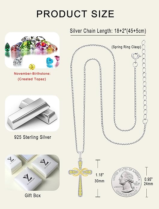 YL 925 Sterling Silver Cross Necklace for Women Halo Infinity Pendant Birthstone Jewelry for Mom