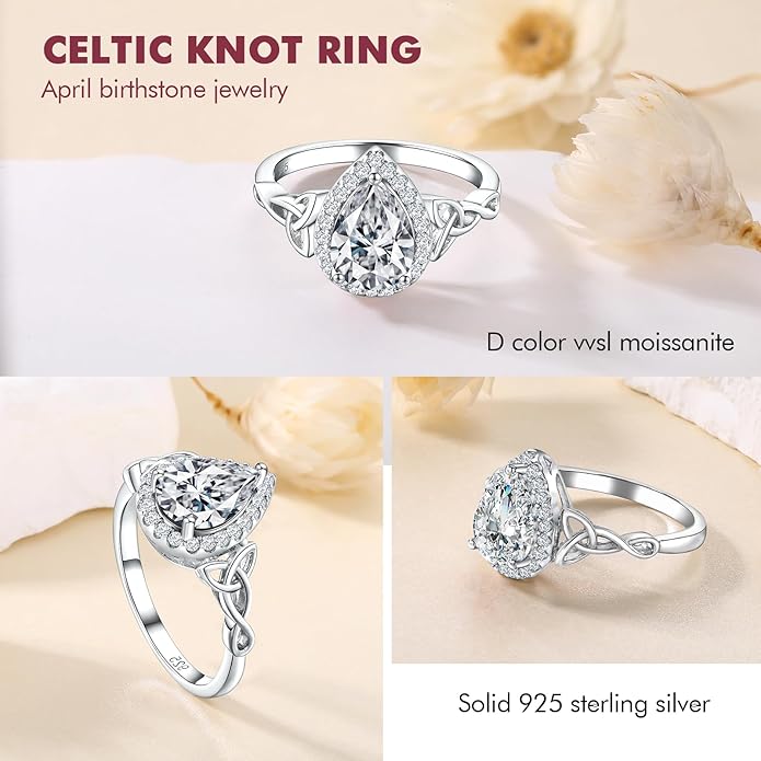 DAYBYDAY Celtic Birthstone Rings for Women 925 Sterling Silver Heart/Round/Pear/Oval Created Gemstone Moissanite Halo Engagement Promise Rings for Her Wife Birthday Anniversary Wedding Jewelry