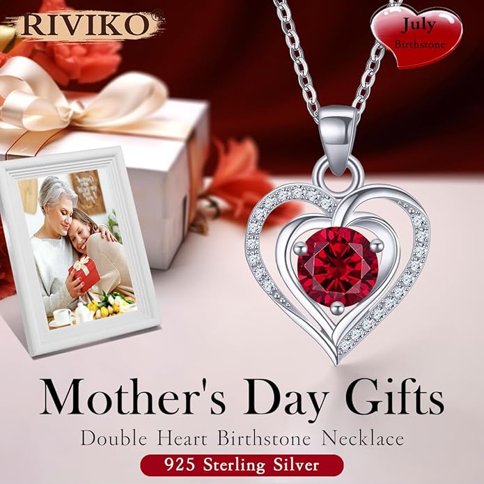 RIVIKO Heart Birthstone Pendant Necklace for Women 925 Sterling Silver Zirconia Necklaces Wedding Anniversary Birthday Mothers Day Jewelry Gifts For Her Mother Wife