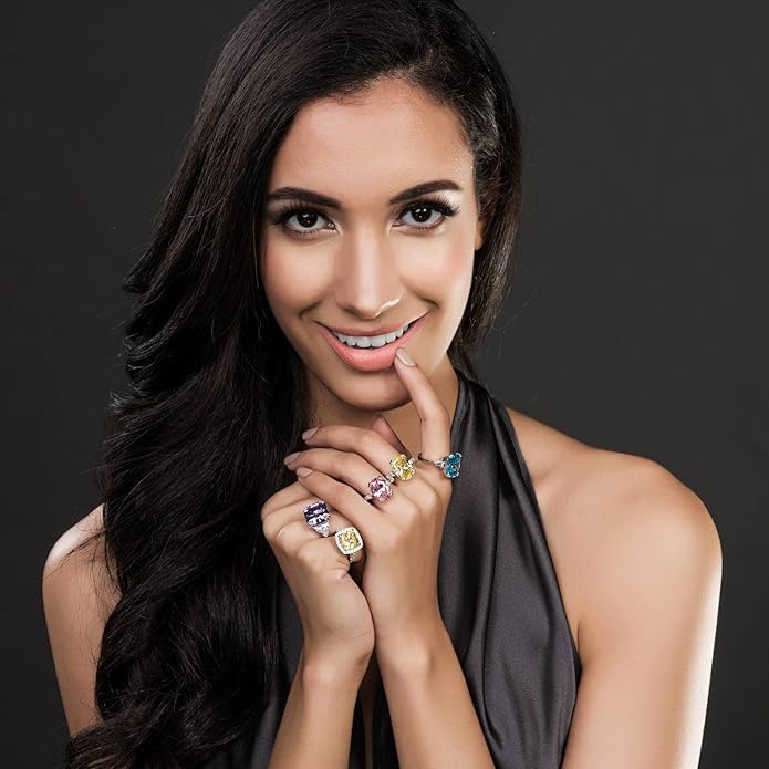 BERRICLE Sterling Silver CZ 3-Stone Solitaire Wedding Engagement Rings for Women, Cubic Zirconia Ring - Asscher, Cushion, Emerald, Pear, Round Cut - Canary Yellow, Green, Amethyst Purple Colors