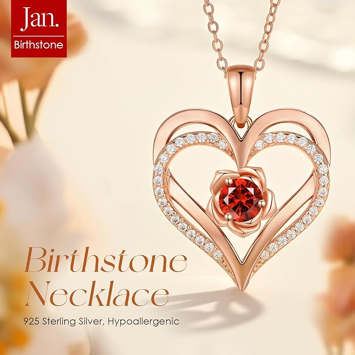 CDE S925 Silver Rose Gold Heart Birthstone Necklaces for Women，Ideal Anniversary or Birthday Jewelry Gifts for Wife Girlfriend Her