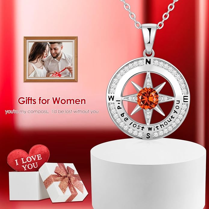 Compass Necklace Gifts for Women wife - S925 Sterling Silver Birthstone Necklaces for Women - Anniversary Birthday Gifts for Her Wife Girlfriend - Valentines Mom Mothers Day Christmas Gifts Jewelry for Women