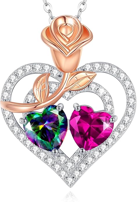 AGVANA Birthstone Necklace for Women Sterling Silver Rose Flower Heart Double Birthstone Jewelry Pendant Necklace Anniversary Birthday Gifts for Women Mom Wife Girlfriend Her