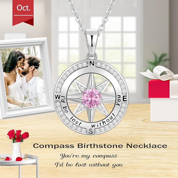Peeshow Gifts for Women Wife-Compass Birthstone Necklace Gift for Wife Birthday Wedding Anniversary Women Jewelry for Her Girlfriend S925 Sterling Silver