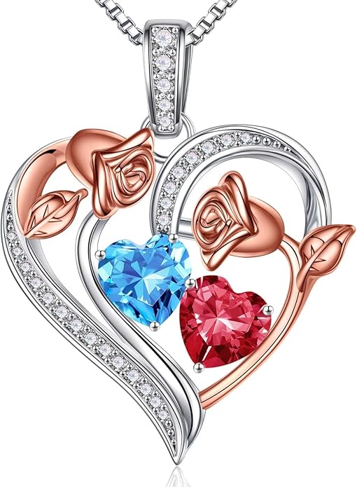 Iefil Birthstone Necklace for Women - 925 Sterling Silver Rose Heart Necklace, Birthstone Jewelry, Anniversary Birthday Gifts for Wife Girlfriend Mom Daughter