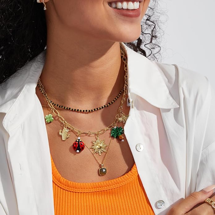 KissYan Charm Necklace for Women, 14K Gold Plated Heart Starfish Sun Pendant Fashion Link Chain Boho Summer Beach Jewelry Gifts