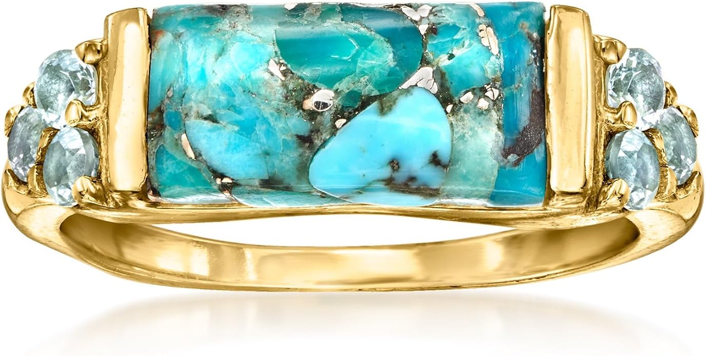 Ross-Simons Turquoise and .70 ct. t.w. Sky Blue Topaz Ring in 18kt Gold Over Sterling