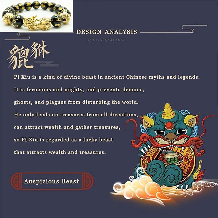 Feng Shui Bracelet 24K Gold Plated PiXiu, Colored Eyes Obsidian Dragon Protection Bracelet Meditation Decompression Prayer Beads Lucky Wealth Bracelets for Men Women(12mm)