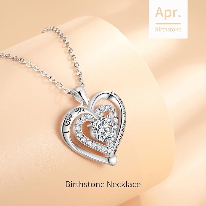Heart Necklace, I Love You Always & Forever, Birthstone Cubic Zirconia Pendant, Gift for Women