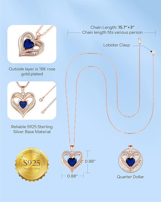 S925 Sterling Silver Necklace for Women, Wife Jewelry Rose Gold, Mom Birthday Valentines Mothers Day Gifts, Girlfriend Necklaces, Daughter Heart Jewel, Anniversary for Her