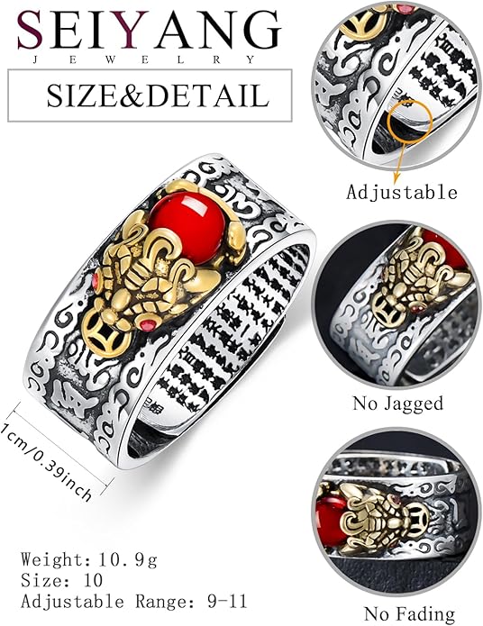 Seiyang Feng Shui Ring 925 Stering Silver Pixiu Mantra Ring Protection Wealth Adjustable Rings Gift for Men Women (with Gift Box)