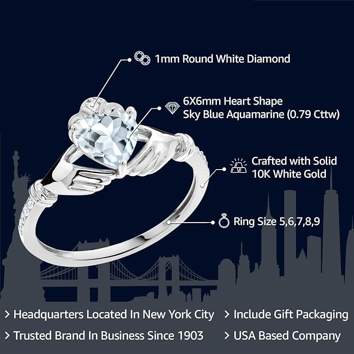Gem Stone King 10K White Gold 6MM Heart Shape Gemstone Birthstone and White Diamond Irish Celtic Claddagh Engagement Ring | Gold Ring For Women | Available In Size 5, 6, 7, 8, 9