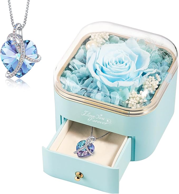 WILDLOVE Preserved Real Light Blue Rose with Heart Necklace, Forever Flowers Gifts for Mom Grandma Wife Girlfriend at Christmas, Valentines, Mothers Day, Anniversary or Birthday Gifts for Women