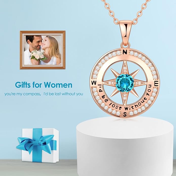 Compass Necklace Gifts for Women wife - S925 Sterling Silver Birthstone Necklaces for Women - Anniversary Birthday Gifts for Her Wife Girlfriend - Valentines Mom Mothers Day Christmas Gifts Jewelry for Women