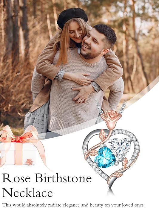 Jewelry for Her Double Heart Rose Birthstone Pendant Necklace Anniversary Jewelry Christmas Birthday Gifts for Women Wife Girlfriend