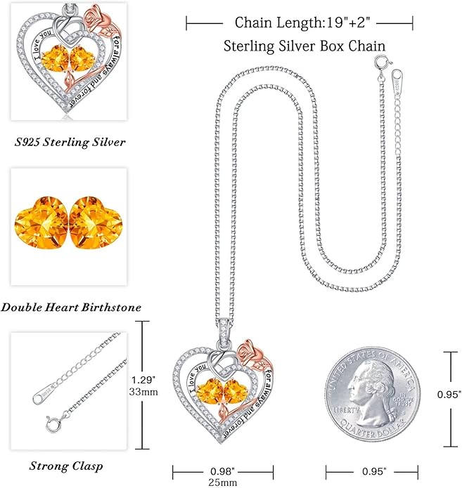 Iefil Rose Heart Necklace Gifts for Wife Women - 925 Sterling Silver Double Birthstone Necklace, Anniversary Birthday Gifts for Women, Jewelry Gift for Wife Girlfriend Mom Her