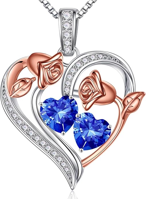 Iefil Birthstone Necklace for Women - 925 Sterling Silver Rose Heart Necklace, Birthstone Jewelry, Anniversary Birthday Gifts for Wife Girlfriend Mom Daughter